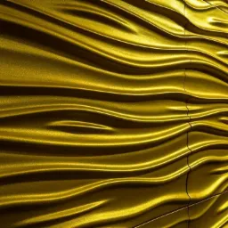 Złota, falista tekstura ściany z wyraźnymi liniami podziału paneli, oświetlona z góry, tworząca głębokie cienie.