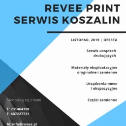 Grafika reklamowa firmy Reeve Print Serwis Koszalin oferującej serwis urządzeń drukujących, materiały eksploatacyjne, nowe i ekspozycyjne urządzenia oraz części zamienne; widoczne logotypy HP...