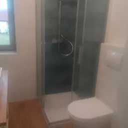 Nowoczesna łazienka z kabiną prysznicową, wiszącą toaletą i drewnopodobną podłogą, widok z perspektywy drzwi.