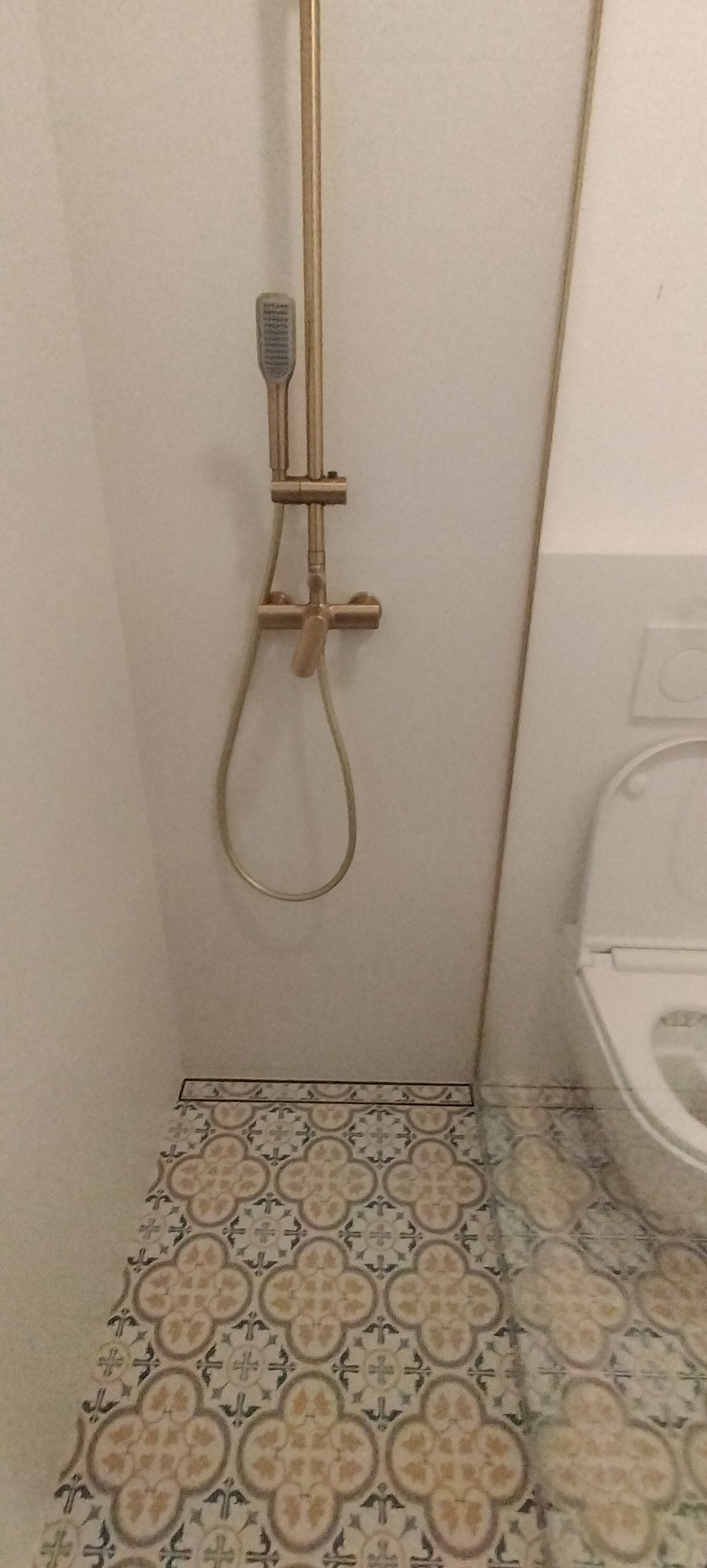 Wykończona łazienka z beżową armaturą prysznicową i dekoracyjnymi płytkami podłogowymi w stylu vintage, widoczny fragment toalety.