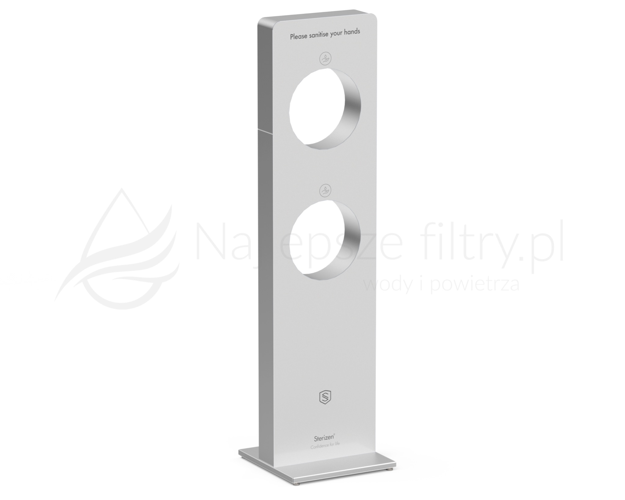 Wolnostojący, srebrny dozownik do dezynfekcji rąk z dwoma otworami, z napisem 'Please sanitise your hands' i logiem 'Sterizen'.