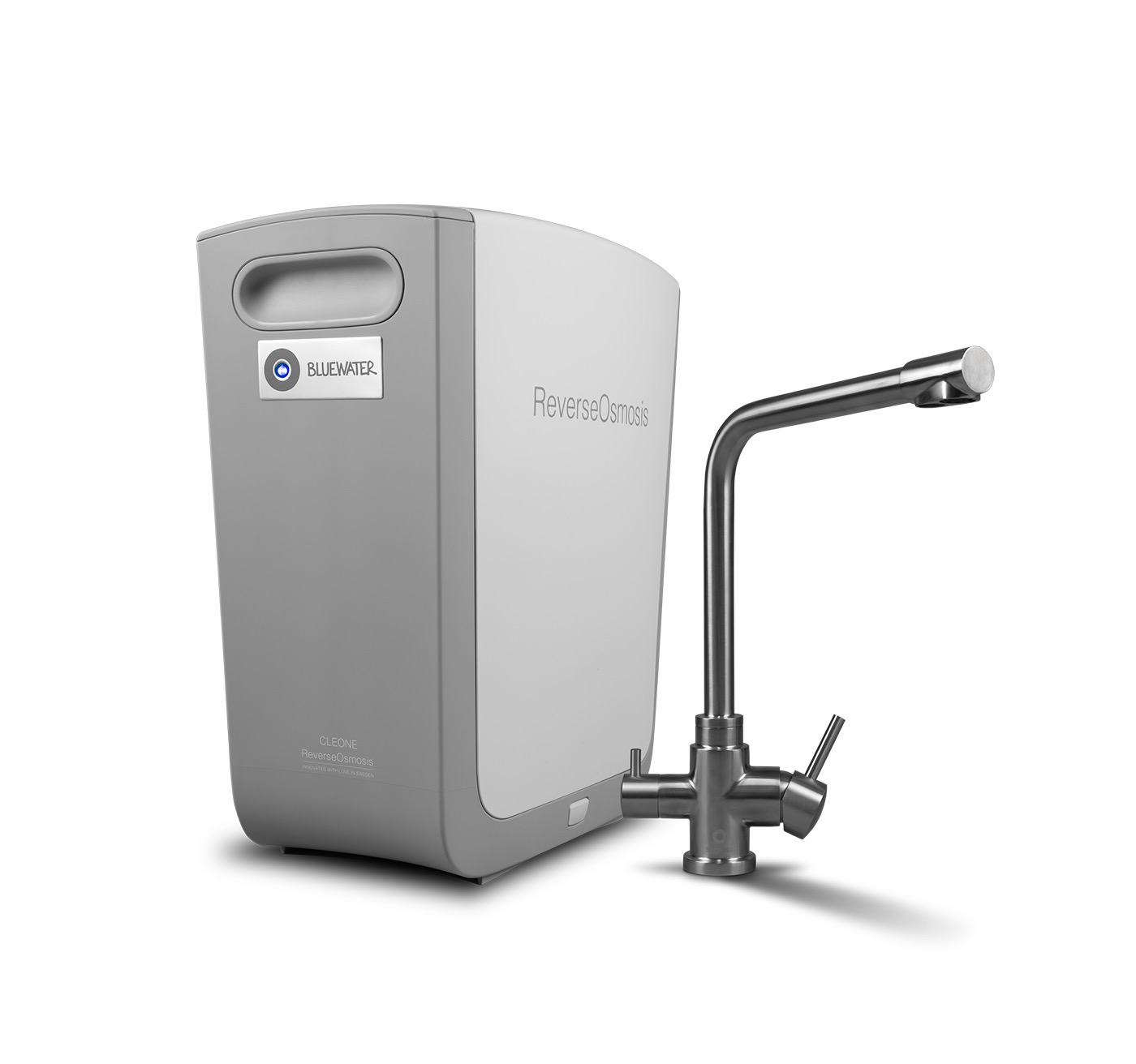 System odwróconej osmozy Bluewater Cleone z kranem, widok z przodu na białym tle.