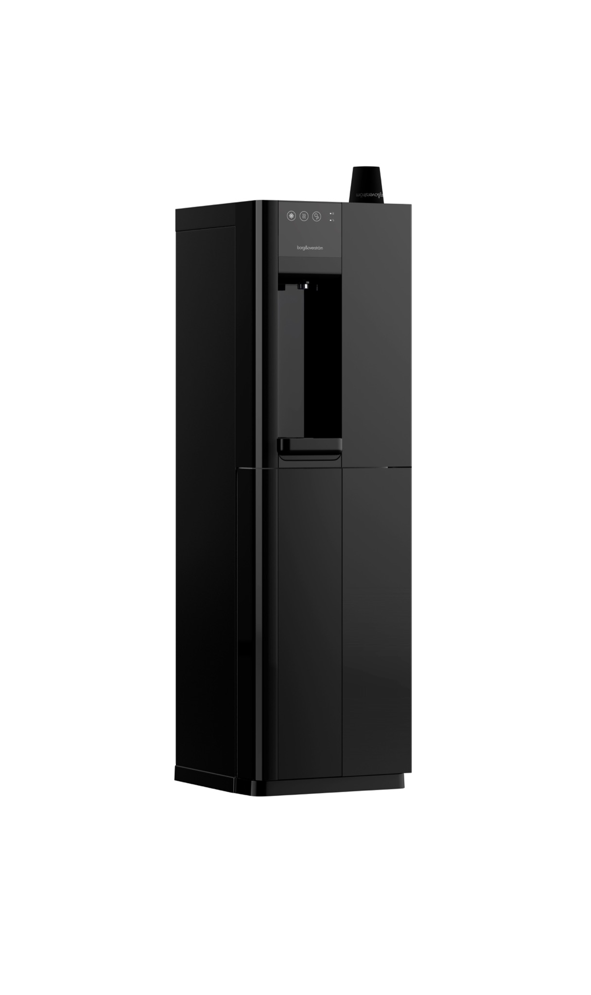 Czarny, wolnostojący dystrybutor wody z szafką i czarnym kubkiem na górze, widoczne logo firmy.