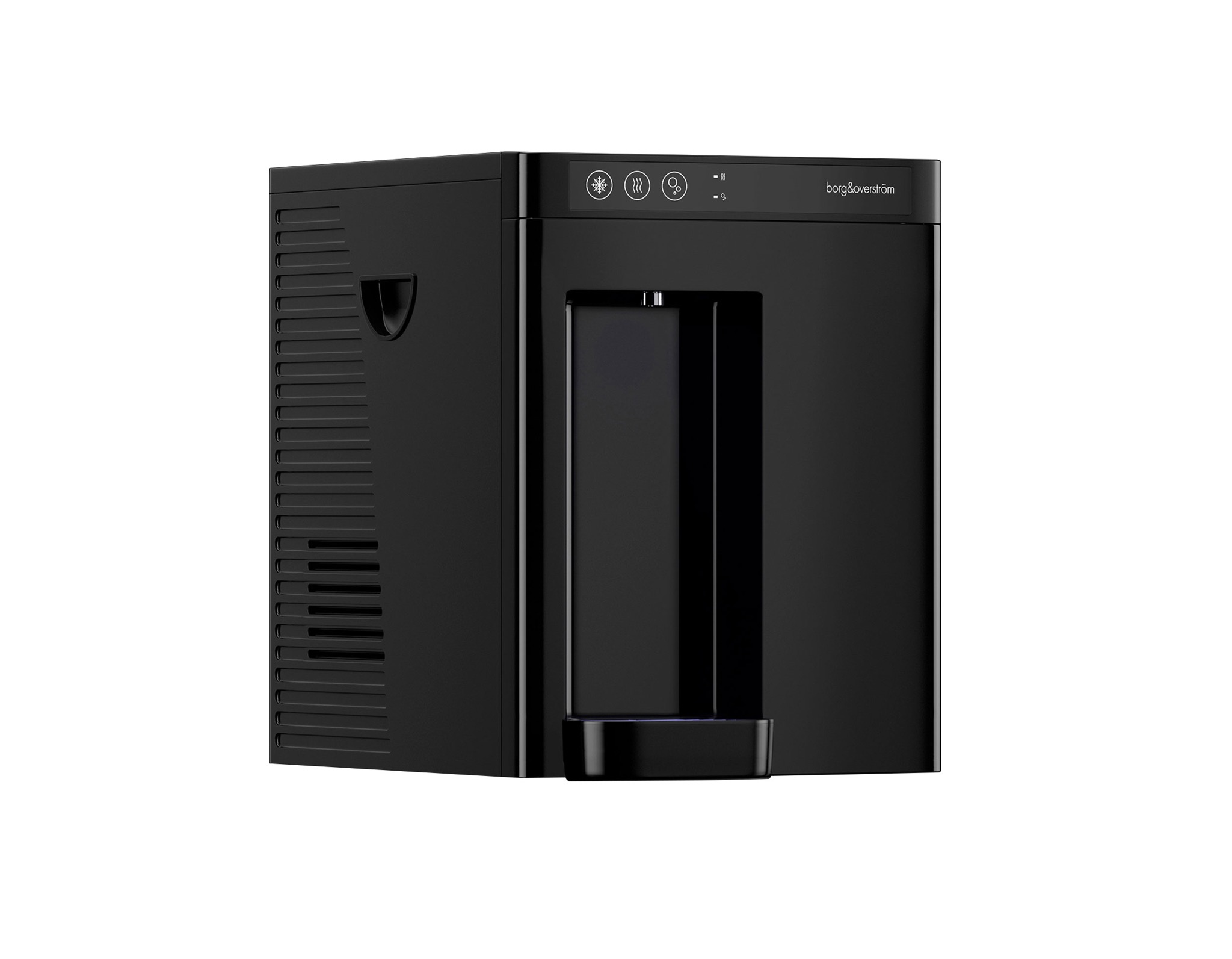Czarny dystrybutor wody Borg & Overström z panelem sterowania i logo na białym tle.