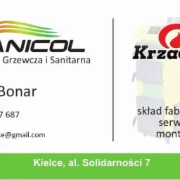 Wizytówka firmy instalacyjnej z Kielc, z logo Sanicol i Krzaczek, oferującej serwis i montaż, z danymi kontaktowymi Jakub Bonar.