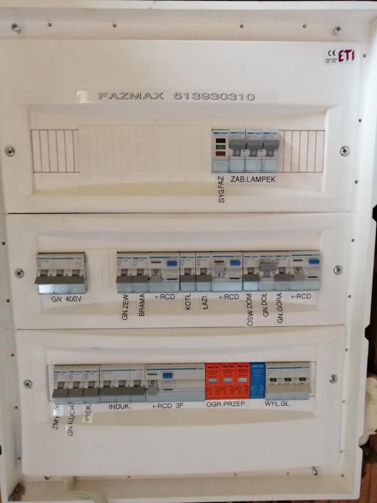 Rozdzielnia elektryczna w obudowie, widoczne bezpieczniki różnicowoprądowe i nadprądowe, oznaczenia obwodów: GN 400V, GN.ZEW, BRAMA, KOTŁ, ŁAZI, OSW.DOM, GN.DOŁ, GN.GORA, ZAB.LAMPEK, INDUK, RCD 3F,...