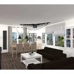 Wizualizacja salonu z jadalnią w stylu skandynawskim: brązowa sofa, biały stolik kawowy, stół z krzesłami z rattanu, oryginalna lampa wisząca, regał z książkami i okna z roletami rzymskimi.