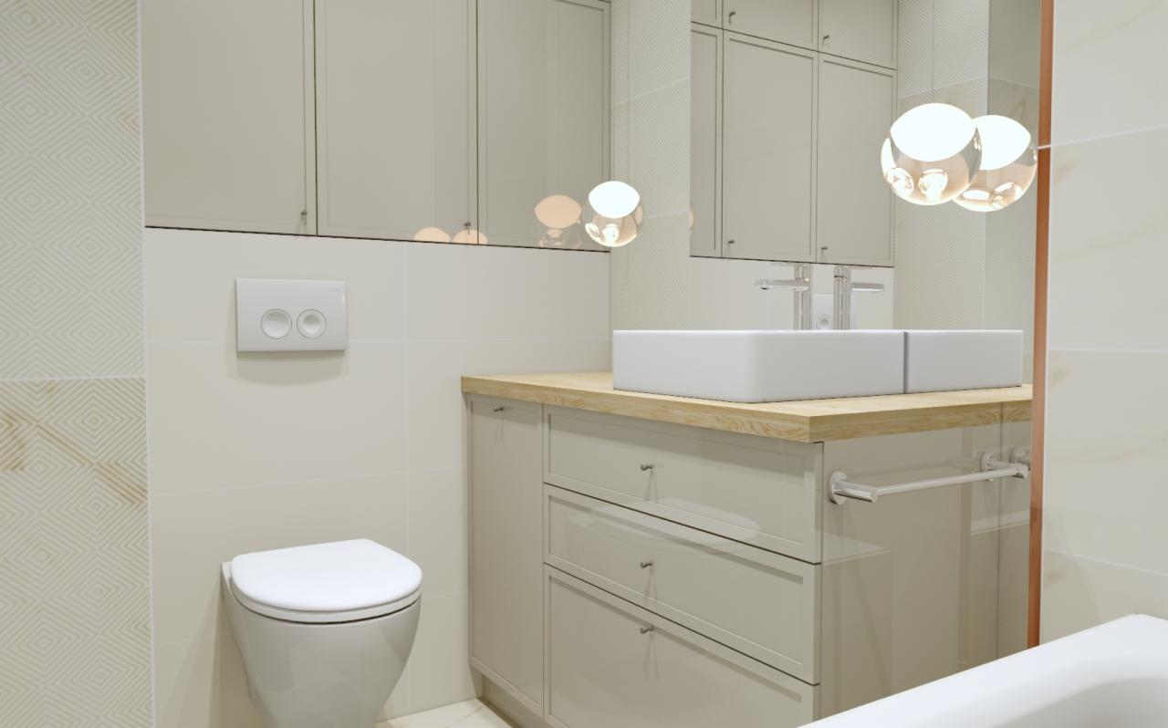 Nowoczesna łazienka z białą, prostokątną umywalką nablatową na drewnianym blacie, szare szafki pod umywalką z chromowanymi uchwytami, wisząca muszla klozetowa i designerskie lampy wiszące...