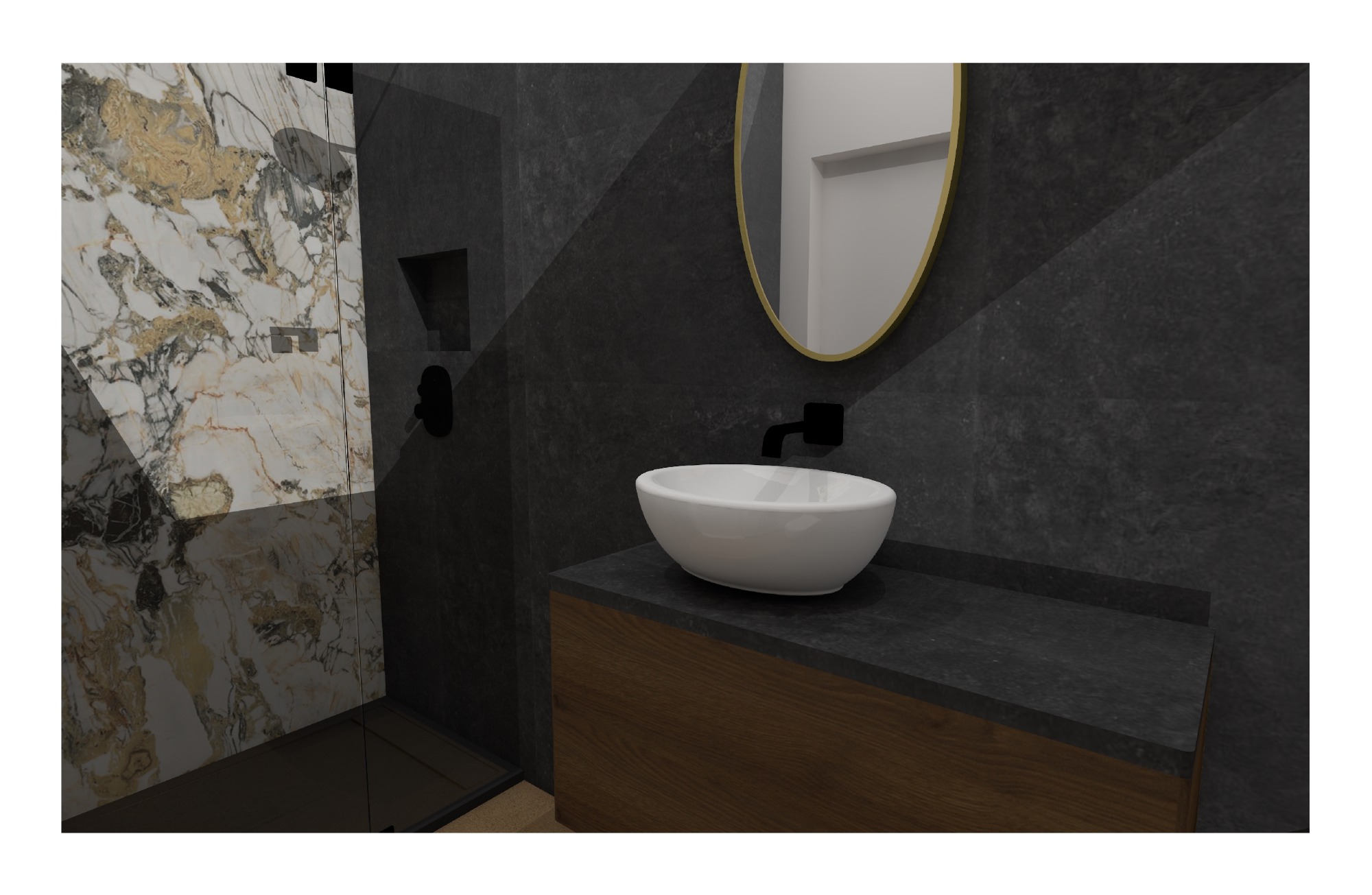 Nowoczesna łazienka z umywalką nablatową, czarną armaturą i kabiną prysznicową z marmurowym wykończeniem.