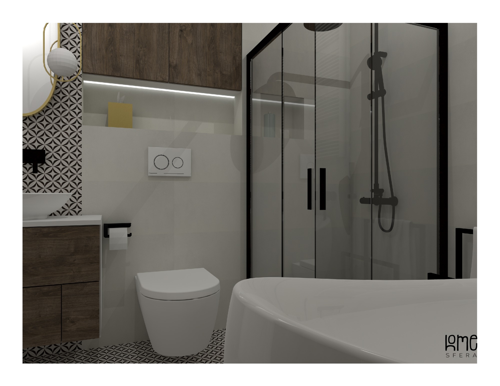 Wizualizacja nowoczesnej łazienki z kabiną prysznicową typu walk-in, umywalką nablatową na drewnianej szafce, wiszącą toaletą i wolnostojącą wanną; na ścianie dekoracyjna tapeta w geometryczne...