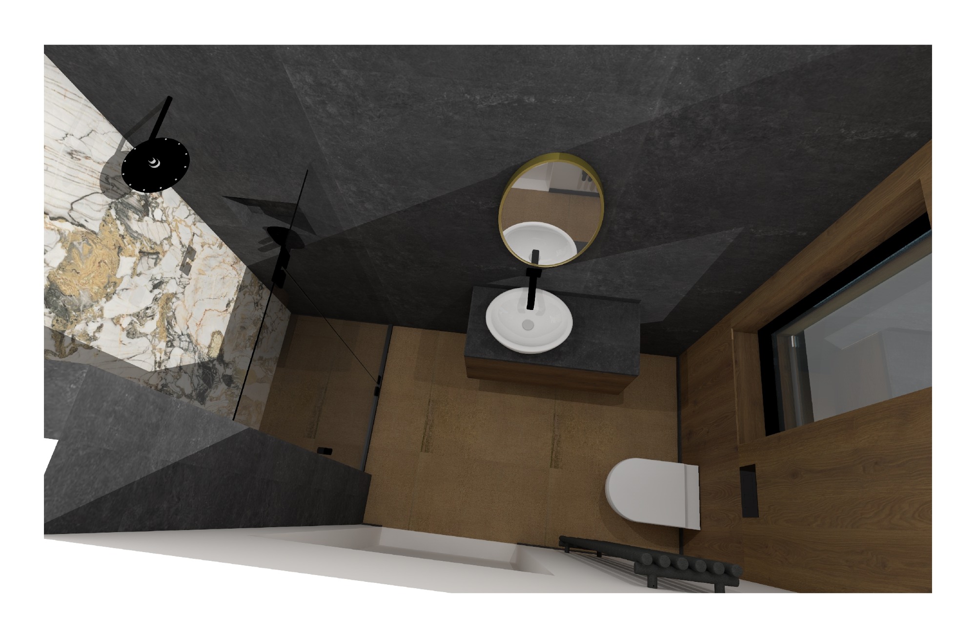 Wizualizacja łazienki z marmurową ścianą prysznicową, czarną armaturą, okrągłym lustrem w złotej ramie nad umywalką oraz grzejnikiem drabinkowym.