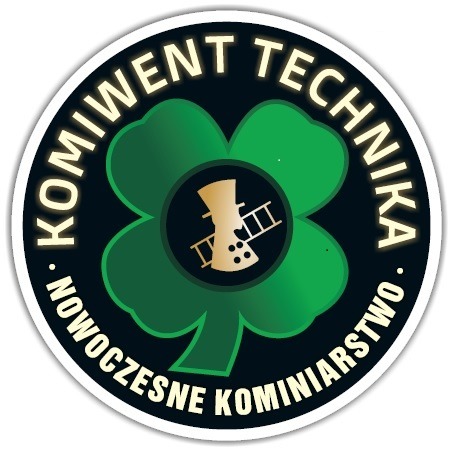 Okrągłe logo firmy kominiarskiej: ciemne tło, zielona koniczyna, złoty komin z drabiną, napis 'KOMIWENT TECHNIKA - NOWOCZESNE KOMINIARSTWO'