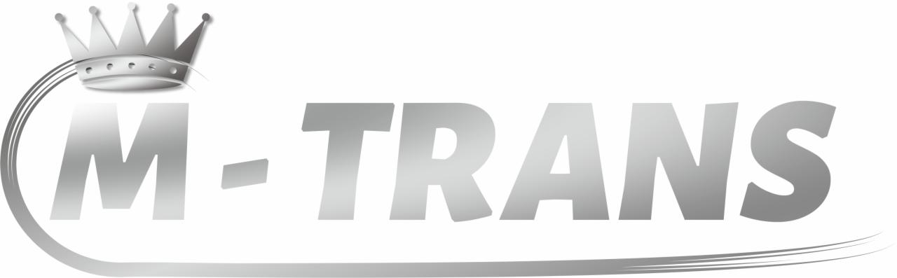 Srebrne logo firmy M-TRANS z koroną nad literą M na białym tle.