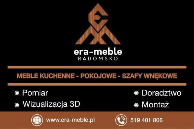 Logo firmy era-meble RADOMSKO oferującej meble kuchenne, pokojowe i szafy wnękowe z usługami pomiaru, wizualizacji 3D, doradztwa i montażu, numer telefonu 519 401 806.