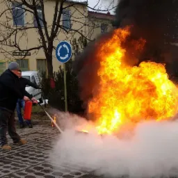 Mężczyzna w szarej czapce gasi płomienie gaśnicą proszkową podczas pokazu gaszenia ognia na zewnątrz budynku.