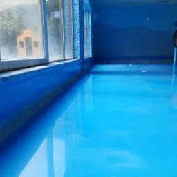 Jasnoniebieska, gładka powierzchnia w pomieszczeniu z basenem, z widocznymi elementami konstrukcji basenowej i zjeżdżalnią w tle.