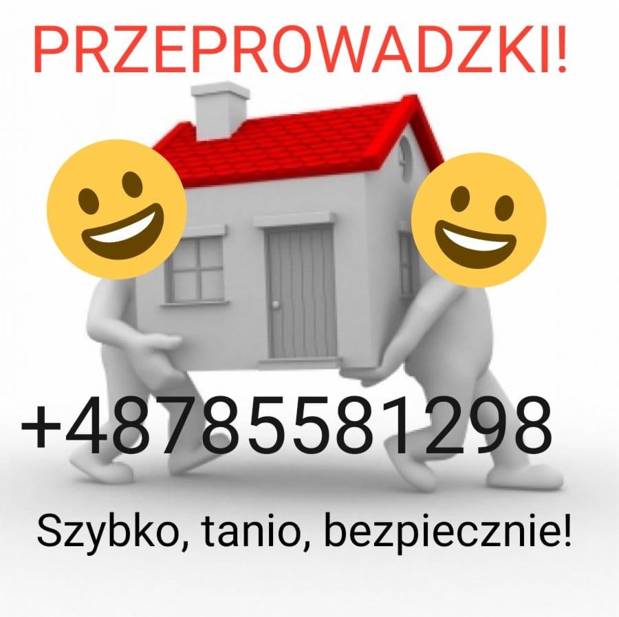 Ilustracja: Figurki niosą model domu, napis 'Przeprowadzki!', numer telefonu i hasło 'Szybko, tanio, bezpiecznie!'