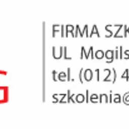 Logo firmy szkoleniowej MJ Training z adresem, numerem telefonu i adresem e-mail, nazwa firmy w kolorze szarym i czerwonym, nad nazwą symbol trzech osób.