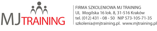 Logo firmy szkoleniowej MJ Training z adresem, numerem telefonu i adresem e-mail, nazwa firmy w kolorze szarym i czerwonym, nad nazwą symbol trzech osób.