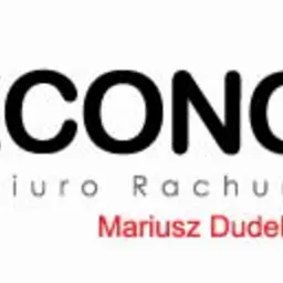 Logo firmy 'ECONOMY Biuro Rachunkowe' z czerwono-szarym symbolem graficznym po lewej i imieniem 'Mariusz Dudek' napisanym na czerwono pod nazwą firmy.