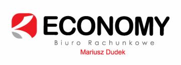 Logo firmy 'ECONOMY Biuro Rachunkowe' z czerwono-szarym symbolem graficznym po lewej i imieniem 'Mariusz Dudek' napisanym na czerwono pod nazwą firmy.