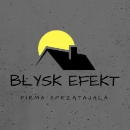Logo firmy sprzątającej Błysk Efekt z symbolem domu i słońca na teksturowanym szarym tle.