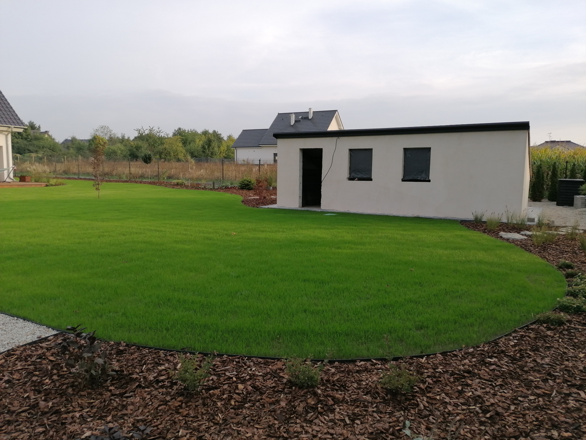 Świeżo założony trawnik z rolki, obrzeża wykończone korą, w tle budynek gospodarczy z czarnymi oknami.