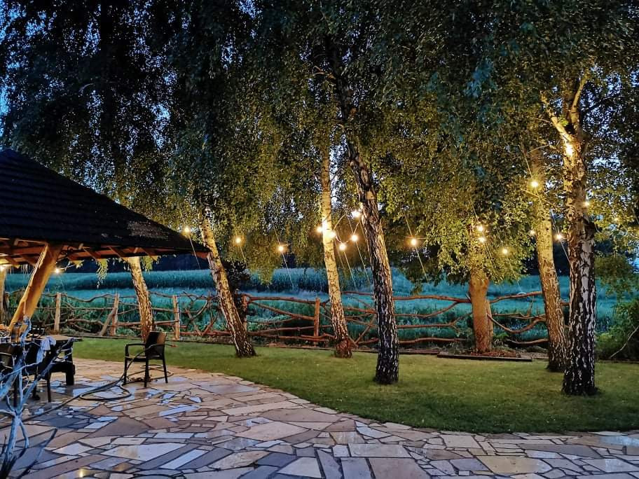 Wieczorny widok na ogród z altaną i ścieżką z nieregularnych płyt kamiennych, drzewa oświetlone girlandami żarówek, w tle drewniany płot i zielona łąka.