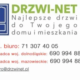 Logo firmy DRZWI-NET z hasłem 'Najlepsze drzwi do Twojego domu i mieszkania', numerem telefonu biura oraz kontaktami do doradców w województwach dolnośląskim i mazowieckim, a także adresem e-mail.