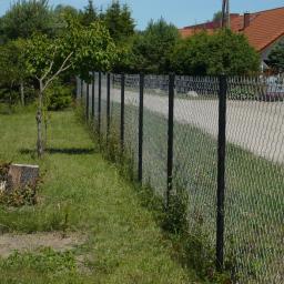 Ogrodzenia Ryn - Długi, siatkowy system ogrodzeniowy z czarnymi słupkami, oddzielający trawnik z młodym drzewkiem od drogi gruntowej, w tle dom z czerwoną dachówką.