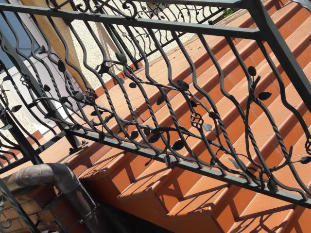 Kute, czarne balustrady z motywem roślinnym na tle schodów z terakoty, widoczne elementy orynnowania.