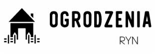 Czarno-białe logo firmy z ikoną domu i stylizowanego płotu oraz napisem 'OGRODZENIA RYN'.