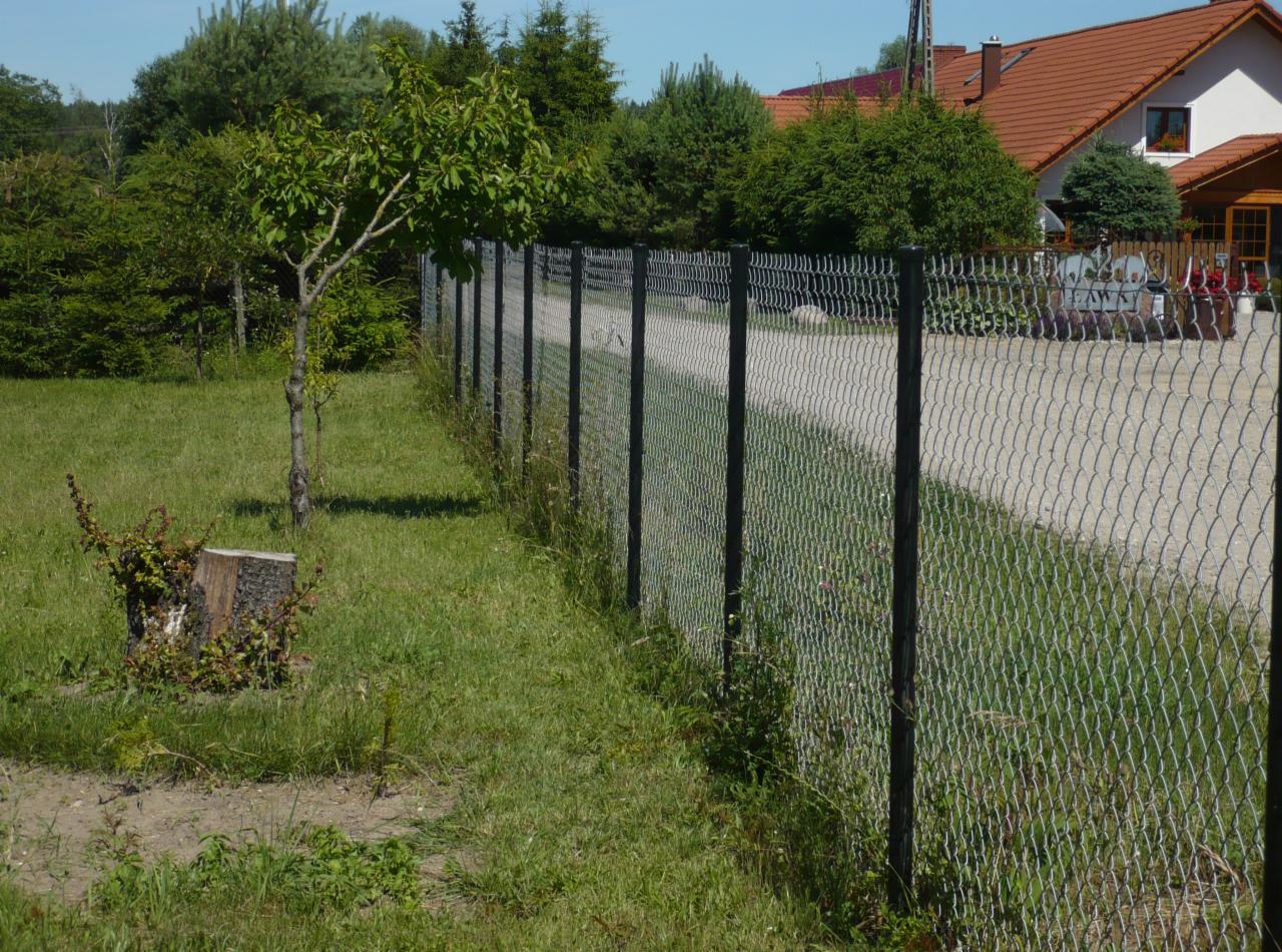 Długi, siatkowy system ogrodzeniowy z czarnymi słupkami, oddzielający trawnik z młodym drzewkiem od drogi gruntowej, w tle dom z czerwoną dachówką.