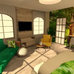 Wizualizacja jasnego salonu z zieloną sofą, drewnianymi meblami i fototapetą z motywem leśnym, oświetlonego naturalnym światłem wpadającym przez okna z łukami.