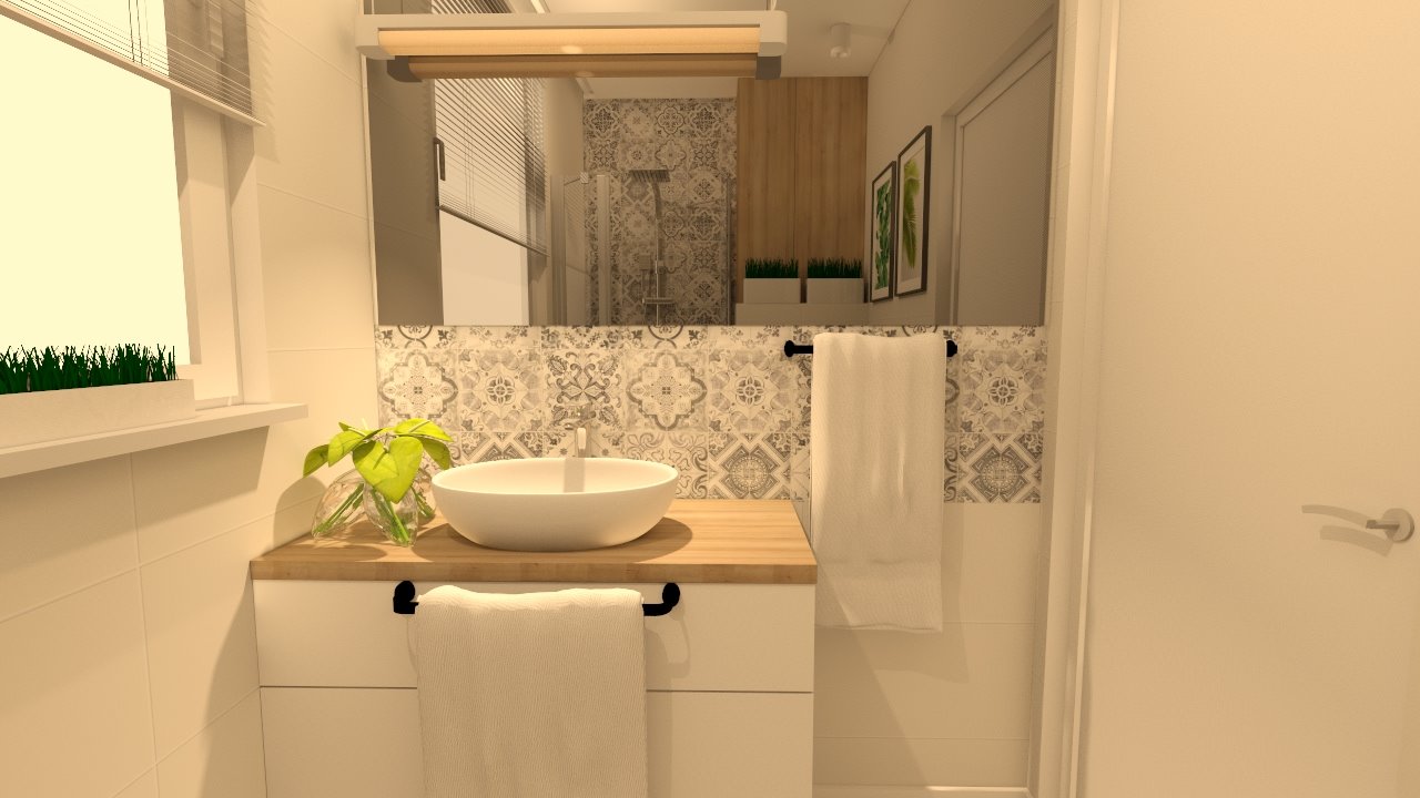 Wizualizacja łazienki z umywalką nablatową, drewnianym blatem, mozaiką na ścianie i dekoracjami roślinnymi przy oknie.