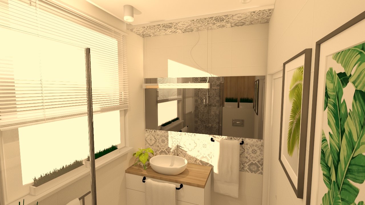 Wizualizacja łazienki z umywalką nablatową, drewnianym blatem, lustrem odbijającym kabinę prysznicową i dekoracyjną tapetą oraz roślinnymi obrazami na ścianie.