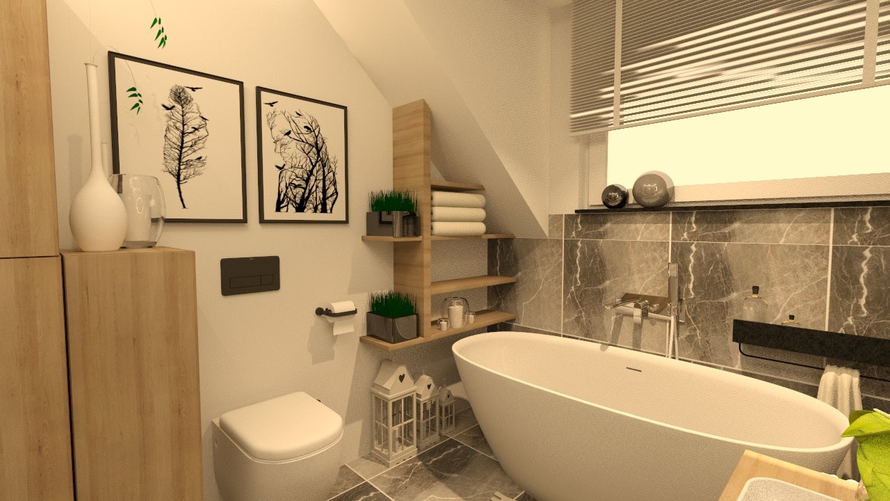 Nowoczesna łazienka z wolnostojącą wanną, marmurowymi płytkami, drewnianymi półkami i dekoracjami, takimi jak lampiony i grafiki na ścianie.