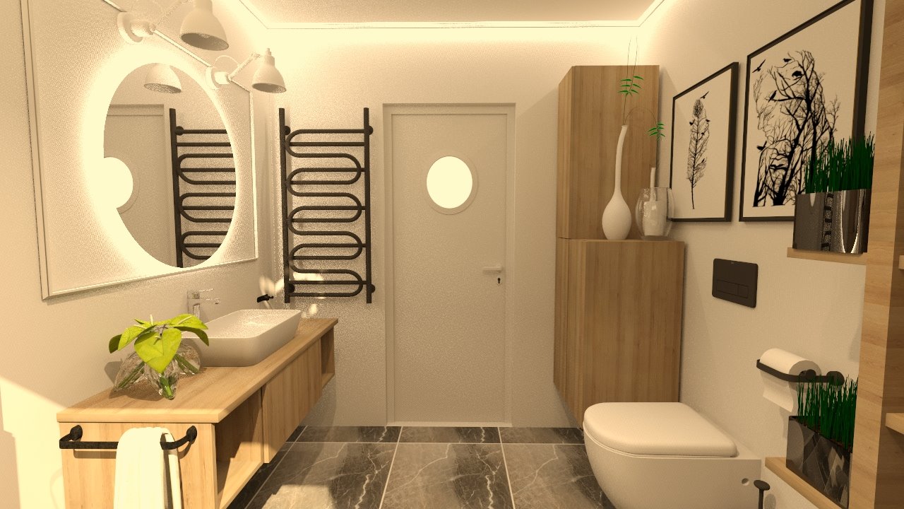 Wizualizacja łazienki z okrągłym lustrem podświetlonym od tyłu, drewnianą szafką pod umywalką z rośliną w szklanym wazonie, grzejnikiem drabinkowym, toaletą i obrazami na ścianie.
