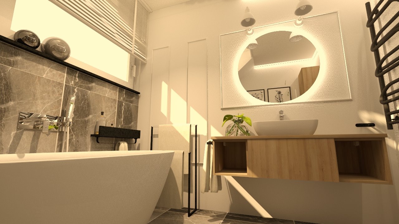 Nowoczesna łazienka z wolnostojącą wanną, marmurową ścianą, podświetlanym okrągłym lustrem i drewnianą szafką pod umywalką, uzupełniona o minimalistyczny grzejnik drabinkowy i czarny wieszak...