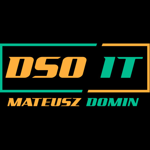 Logo firmy IT: DSO IT Mateusz Domin. Litery DSO w kolorze pomarańczowym, IT w kolorze zielonym, nazwa firmy pod spodem w kolorze zielonym, całość na czarnym tle.