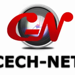 Logo firmy CECH-NET: stylizowany obiektyw kamery z czerwonym napisem CN na białym tle.