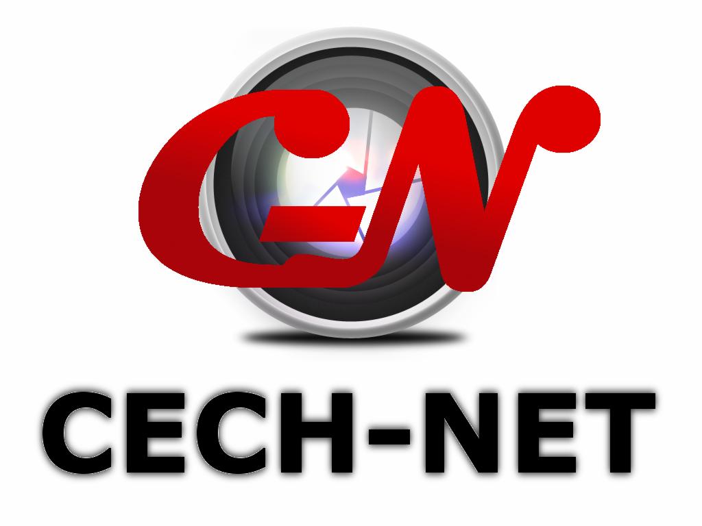 Logo firmy CECH-NET: stylizowany obiektyw kamery z czerwonym napisem CN na białym tle.