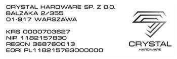 Dane rejestrowe firmy Crystal Hardware Sp. z o.o. z adresem, numerami KRS, NIP, REGON i EORI oraz logo firmy.