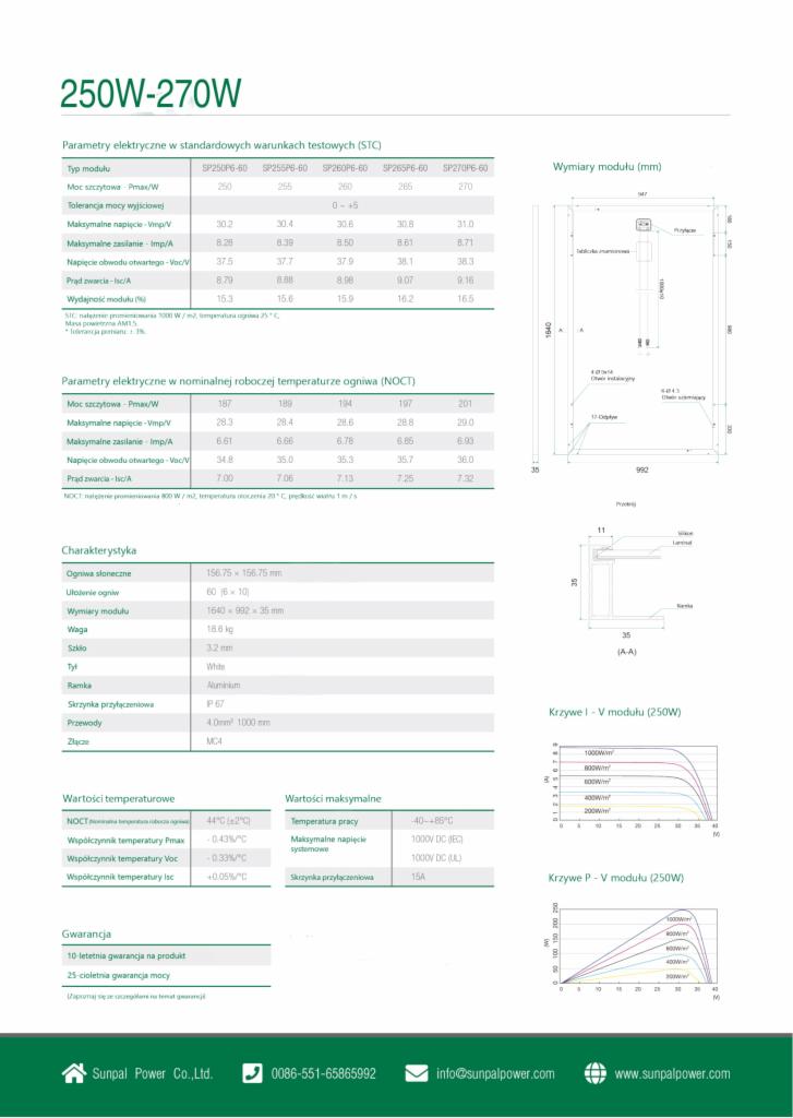 Specyfikacja techniczna modułu fotowoltaicznego Sunpal Power, zawierająca parametry elektryczne w standardowych warunkach testowych i nominalnej temperaturze ogniwa, wymiary, charakterystykę...
