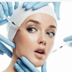 Kobieta z bandażem na głowie otrzymuje iniekcje w twarz, wykonywane przez osoby w niebieskich rękawiczkach, wyraz zaskoczenia na twarzy, jasne tło.