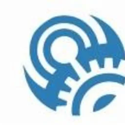 Niebieskie logo przedstawiające abstrakcyjne elementy przypominające koła zębate i połączenia, umieszczone na białym tle.