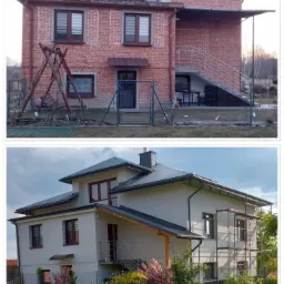 Porównanie domu przed i po ociepleniu: surowa czerwona cegła kontra jasny, otynkowany budynek z nowoczesnym dachem, z widocznymi rusztowaniami.