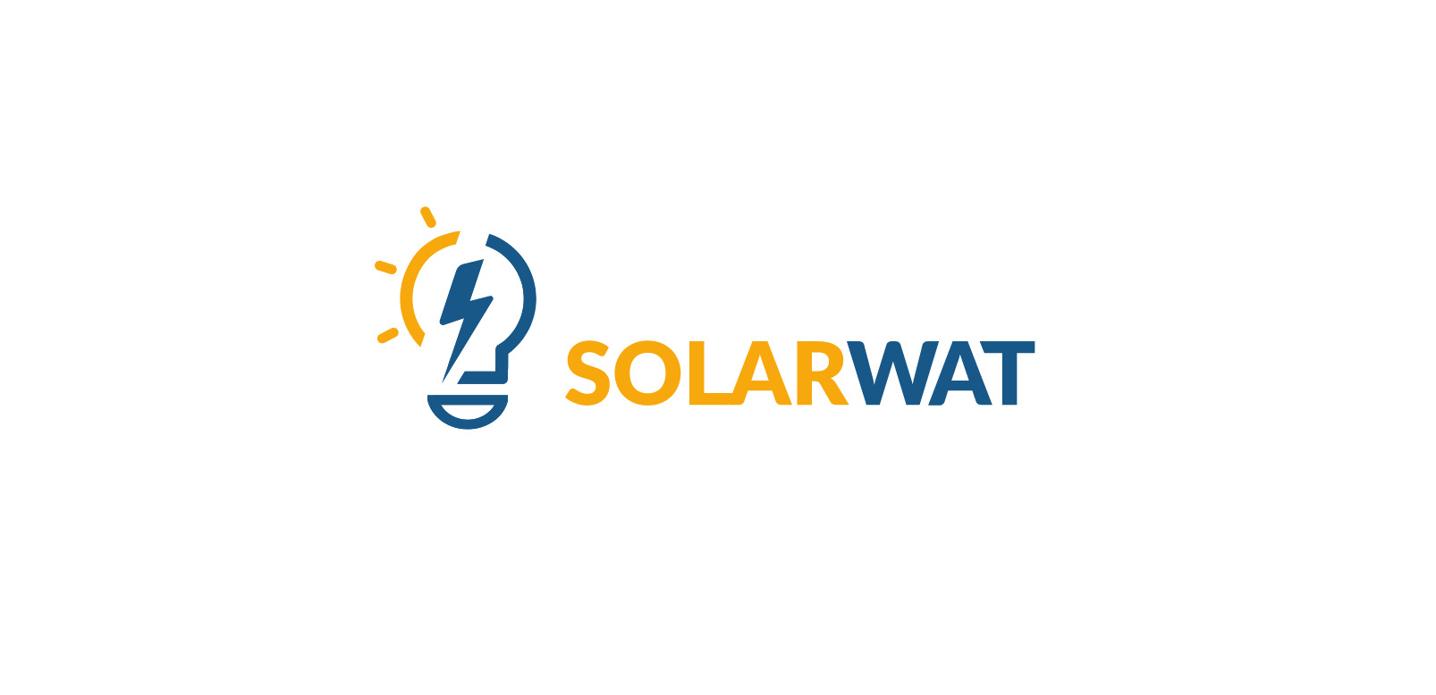 Logo firmy SolarWat przedstawiające żarówkę z symbolem błyskawicy, o barwach żółto-niebieskich.