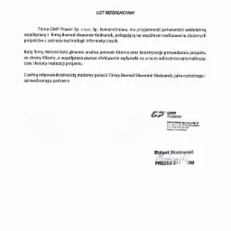 Skan listu referencyjnego dla firmy GMP Power Sp. z o.o. Sp. Komandytowa, potwierdzającego współpracę z firmą Bemed Sławomir Bednarek w zakresie projektów technologii informatycznych, z podpisem...