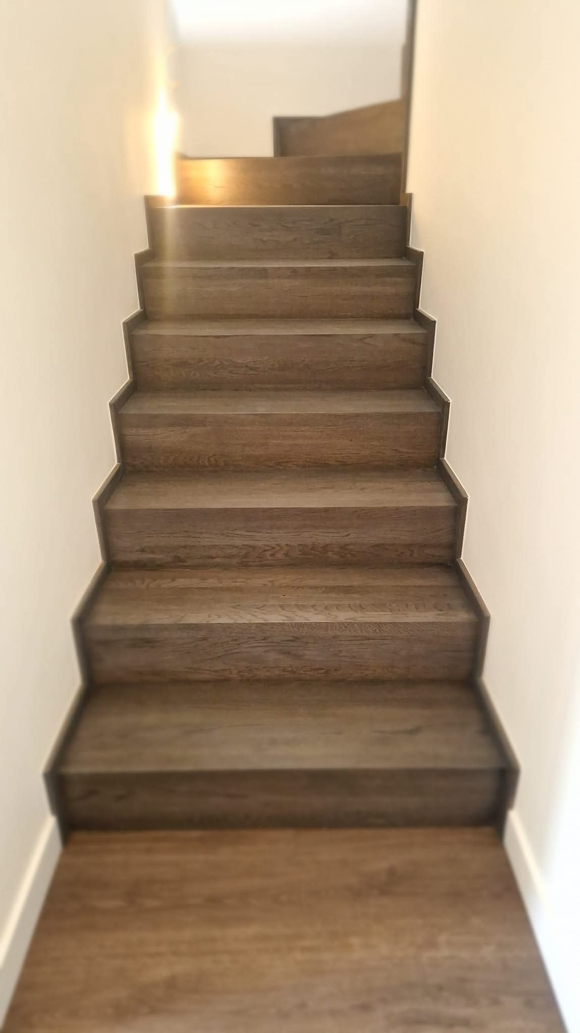 Proste, drewniane schody wewnętrzne z ciemnego drewna, widok z dołu, oświetlone naturalnym światłem wpadającym z góry.